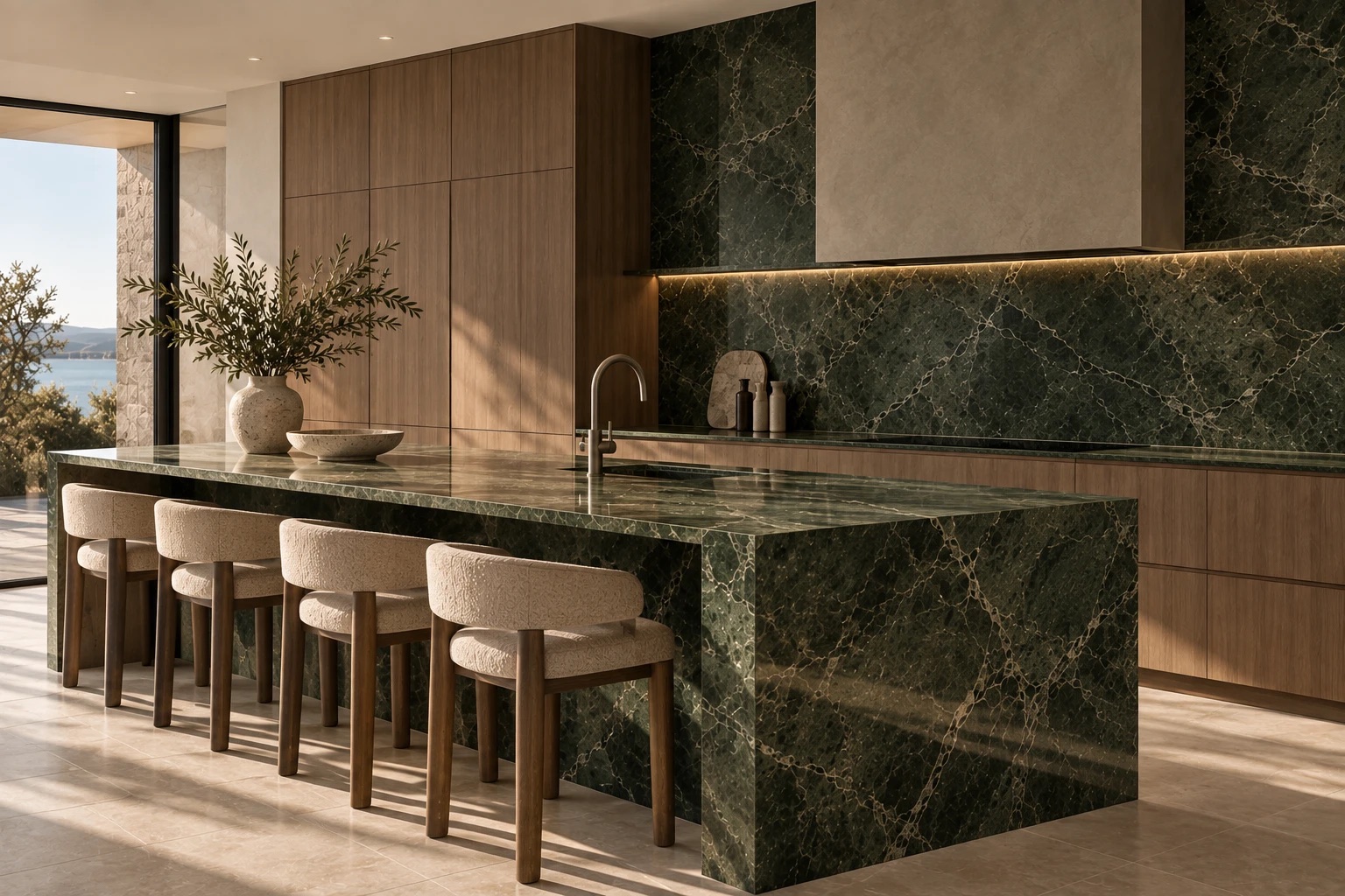 Kitchen with a green marble waterfall island, timber joinery and a brushed brass tap