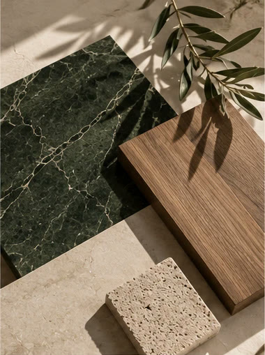 Green marble, timber and travertine samples