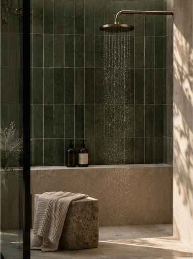 Shower with green tiles and a brushed brass rain head