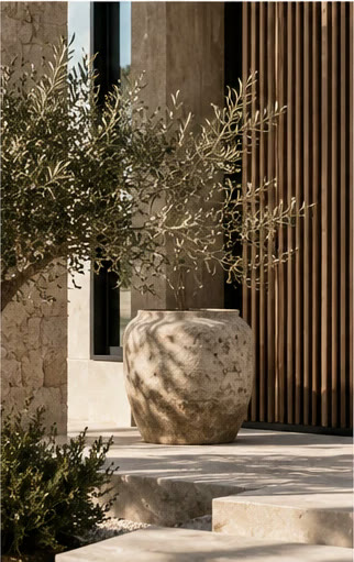 Olive tree in a stone pot beside timber battens