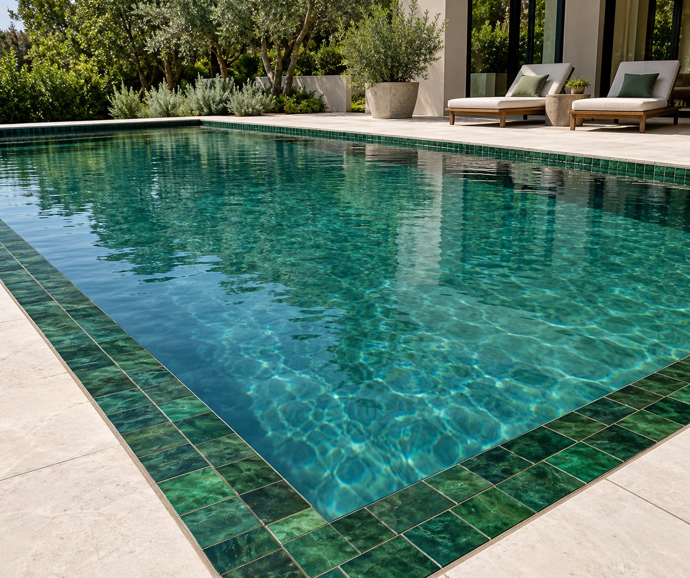 Pool lined with green tiles, framed by pale stone coping and sun loungers