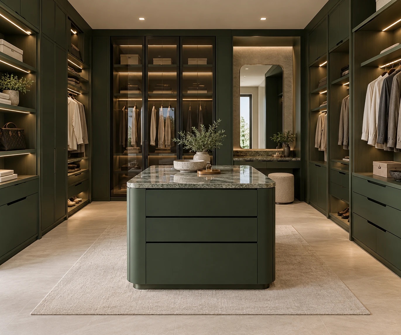 Walk-in wardrobe with deep green cabinetry, glass-front robes and a marble-topped island